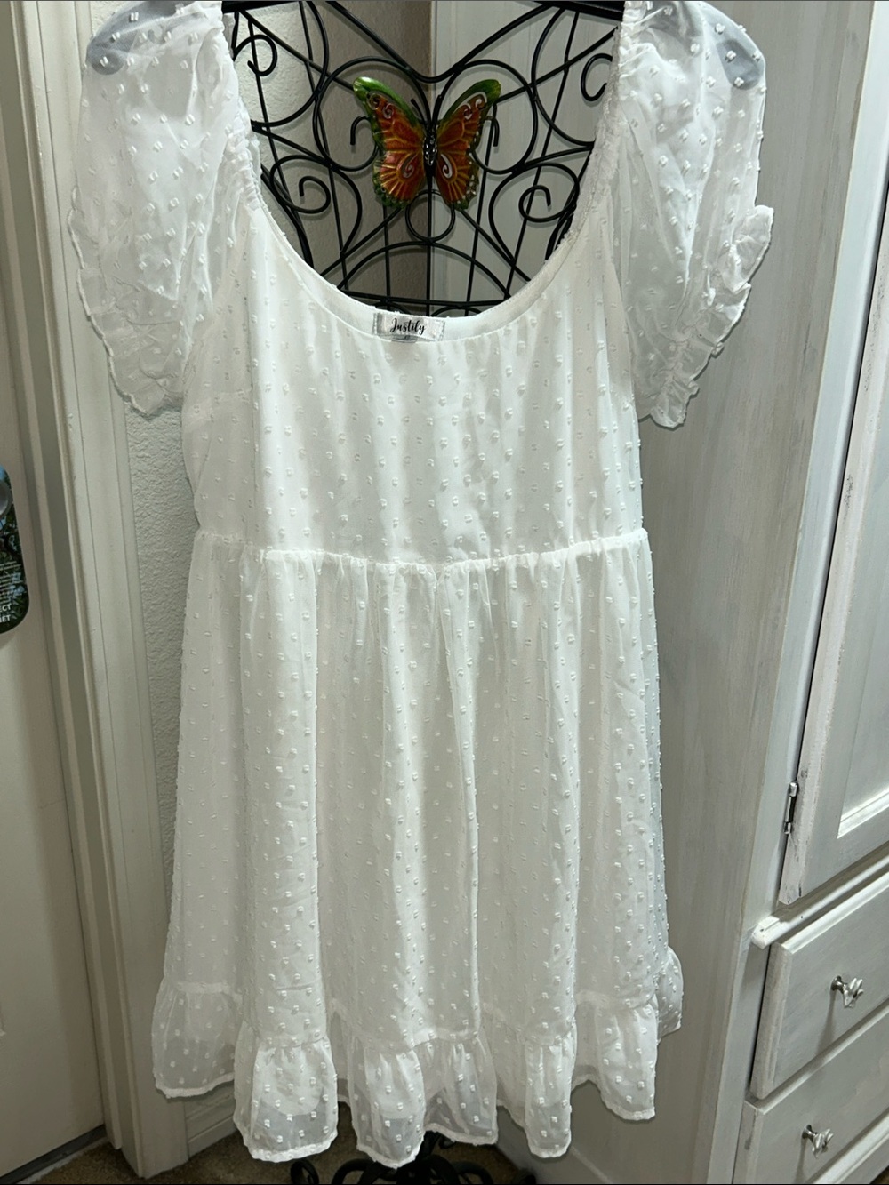 White Swiss Dot Puff Sleeve Casual Babydoll Style Mini Dress